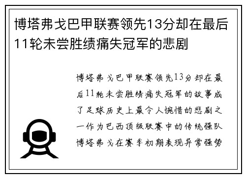 博塔弗戈巴甲联赛领先13分却在最后11轮未尝胜绩痛失冠军的悲剧