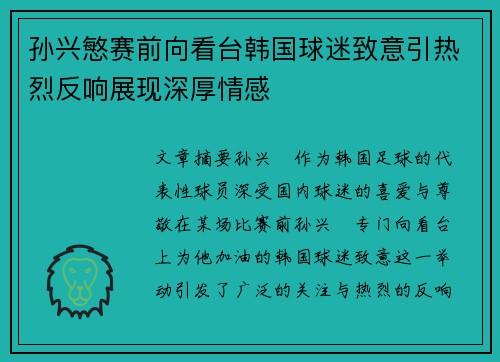孙兴慜赛前向看台韩国球迷致意引热烈反响展现深厚情感